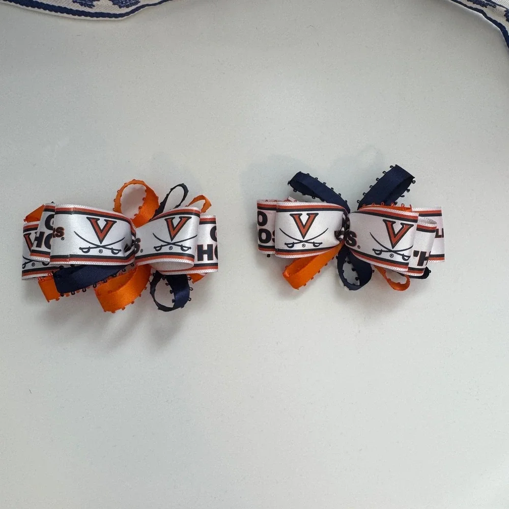 University of Virginia UVA Cavaliers Hair Bow Set Navy Orange Loopy Ribbon 2pc